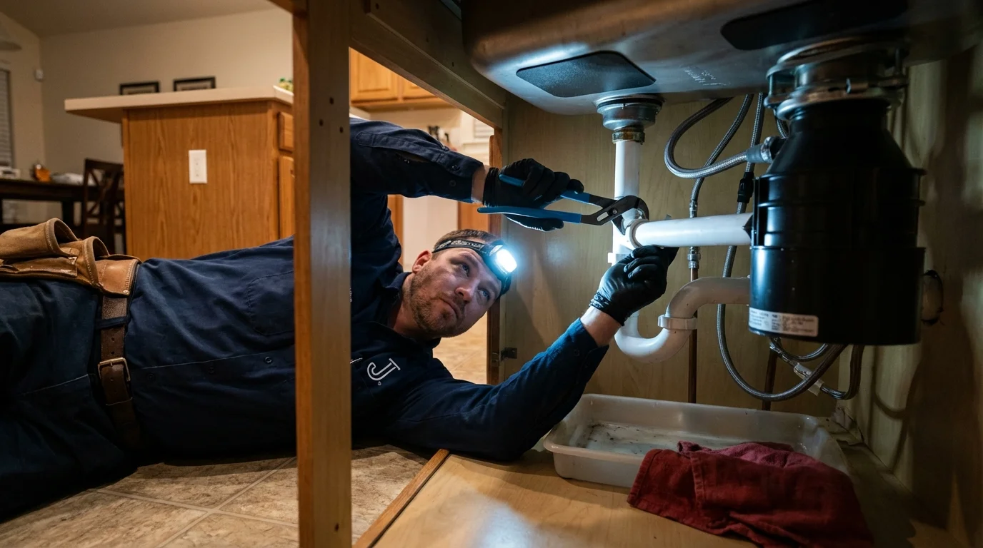 P-trap and supply line connections under a kitchen sink showing a common leak point in Boley, OK